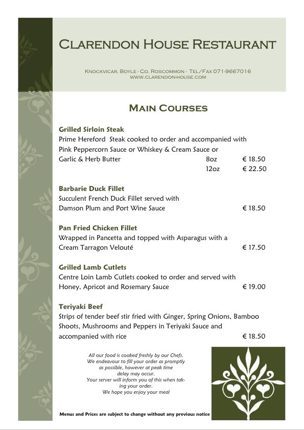 Clarendon House Restaurant Menu - Mains